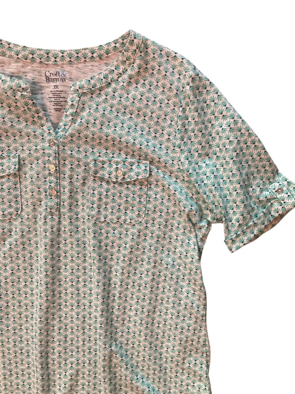 Women's CROFT & BARROW Blue Palm Utility Henley Roll-Cuff Top Size XXL